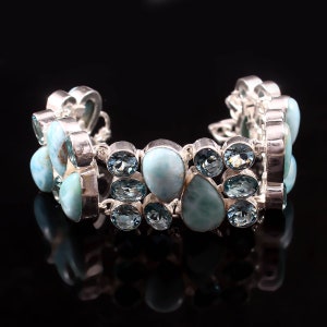 Bracelet plaqué argent naturel 925 avec topaze bleue Larimar, bijoux de créateur uniques,