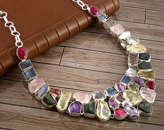 Raw Rough Rose Quartz Labradorite  Lemon Carnelian Smoky Tourmaline 925 Silver plated Necklace, Unique Designer Jewelry