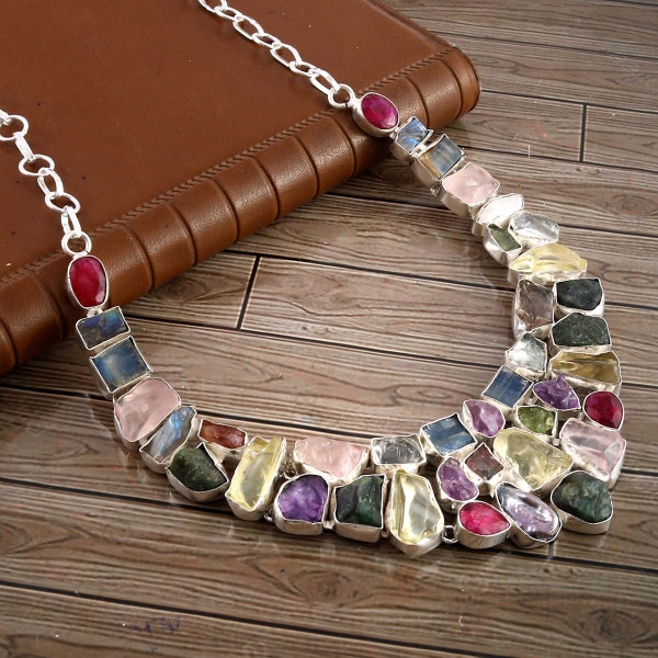 Raw Rough Rose Quartz Labradorite  Lemon Carnelian Smoky Tourmaline 925 Silver plated Necklace, Unique Designer Jewelry