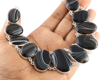 Natural Black Botswana Banded Agate 925 Silver Necklace, Unique Big Stone Jewelry