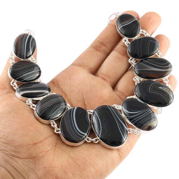 Natural Black Botswana Banded Agate 925 Silver Necklace, Unique Big Stone Jewelry