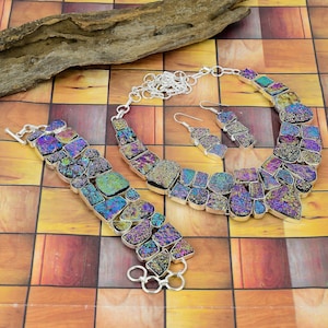 Blue Purple Titanium Druzy Necklace Bracelet Earrings Designer Jewelry, Wedding Jewelry