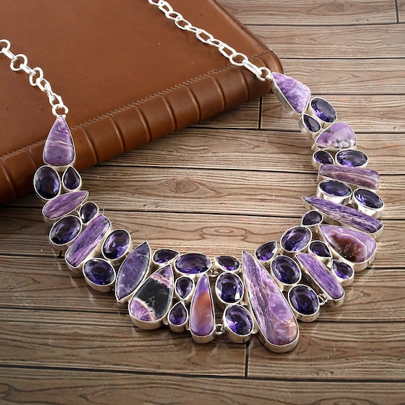 Collier Chaîne + Pendentif Améthyste Violet - Plaqué Argent 925 - 45 Cm - Neuf Sans Emballage