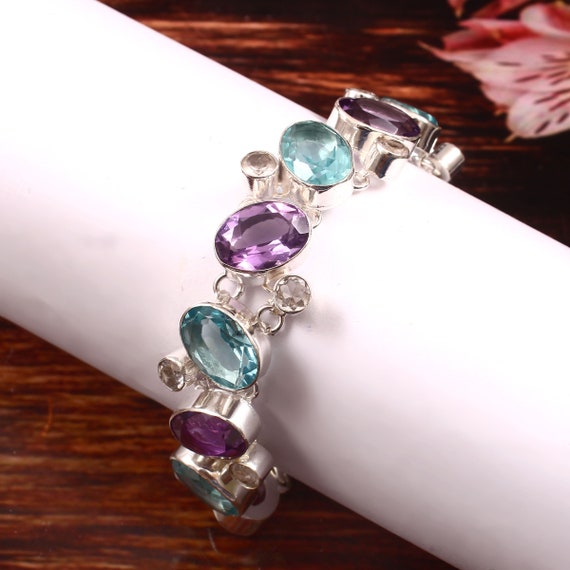 Bracciale Donna Con Ametista E Topazio – Argentato Placcato Platino – Luce Blu E Viola – 7.4 Pollici