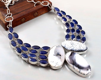 Dendrite Opal Faceted Blue Topaz Gemstone Silver Plated Necklace, Oval Shape Gemstone, Unique Designer Necklace,Bib Necklace
