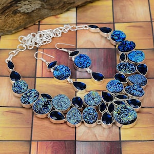 Blue Titanium Druzy Agate Necklace Earrings Designer Jewelry, Wedding Jewelry
