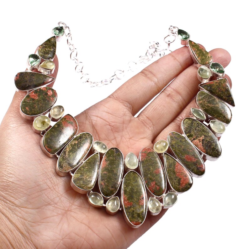 Unakite Prehnite Silver plated Necklace, Beautiful Jewelry image 2