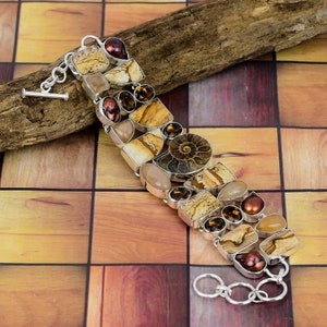 Ammonite Fossil & Jasper Bracelet: Biwa Pearl, Smoky Topaz, Silver Plated