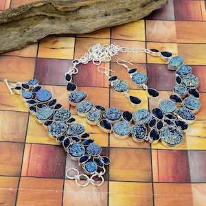 Blue Titanium Druzy Blue Topaz Necklace Bracelet Earrings Designer Jewelry, Wedding Jewelry