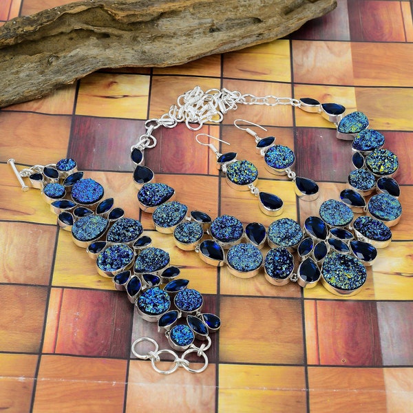 Blue Titanium Druzy Blue Topaz Necklace Bracelet Earrings Designer Jewelry, Wedding Jewelry