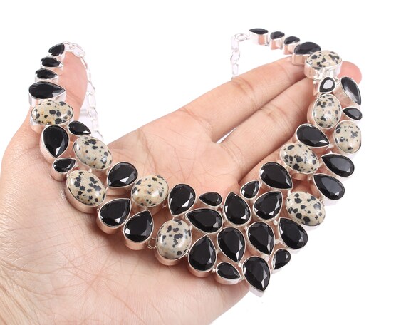 Dalmatian Jasper & Black Onyx 925 Silver Gemstone Necklace - Etsy