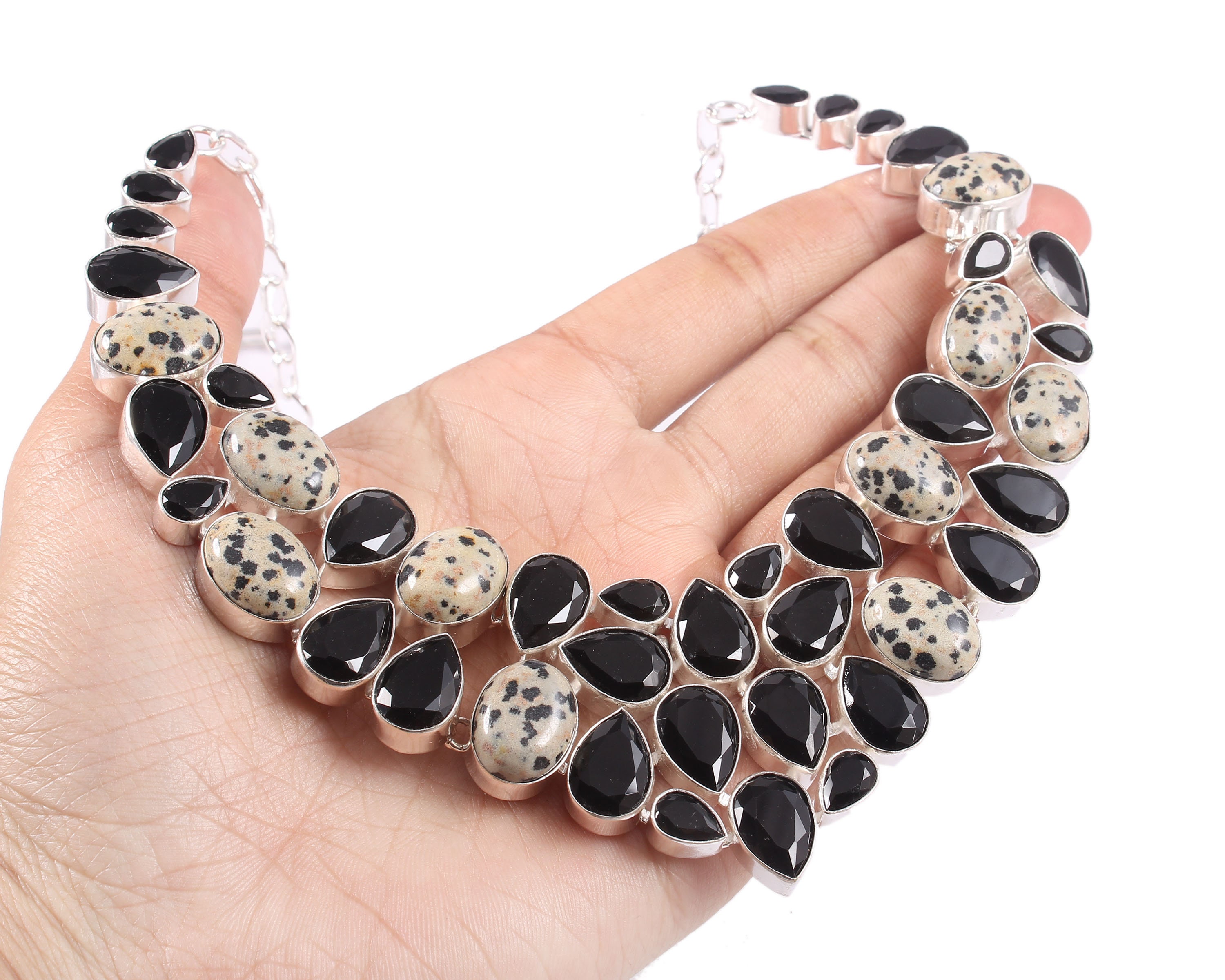 Dalmatian Jasper & Black Onyx 925 Silver Gemstone Necklace - Etsy