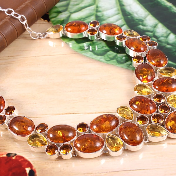 Amber and Citrine Gemstone 925 Silver Plated Necklace