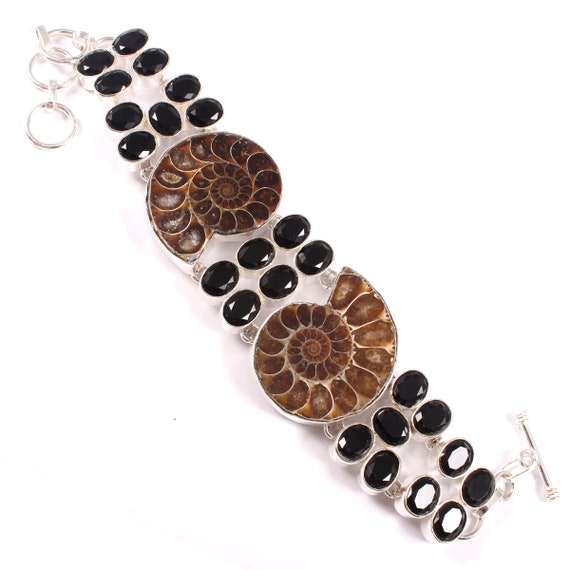 Ammonite Fossil Bracelet: White Topaz & Black Onyx, Silver Plated