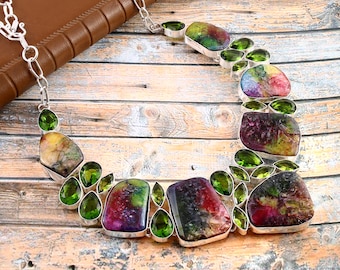 Rainbow Solar Slice Agaat Druzy Peridot 925 verzilverde ketting, unieke designer sieraden