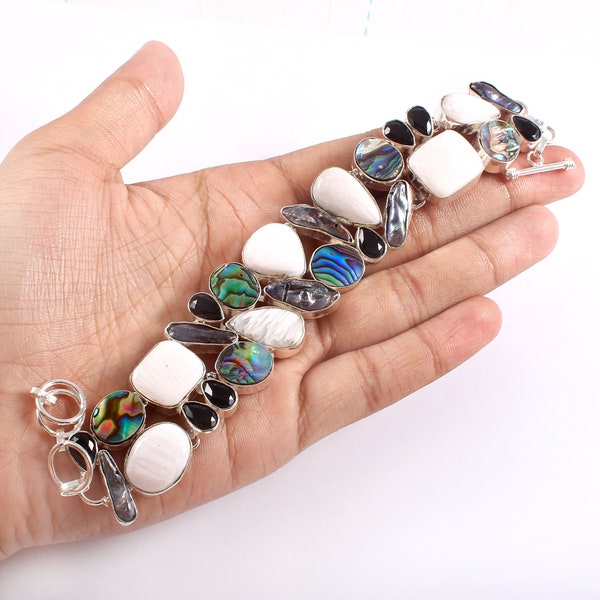 White Scholarsite Abalone Shell Biwa Pearl Black Onyx Bracelet , Unique Designer Jewelry