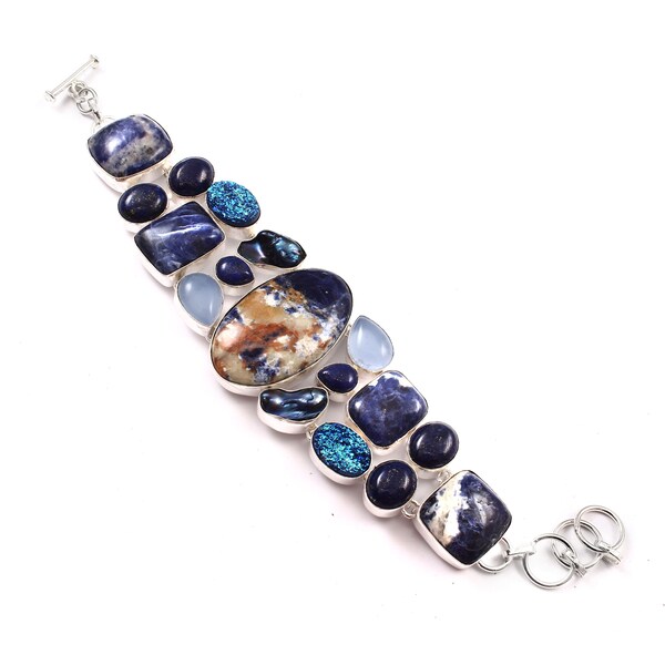 Sodalite Chalcedony Blue Titanium Druzy Biwa Pearl Multi-stone 925 Silver Bracelet , Unique Designer Jewelry