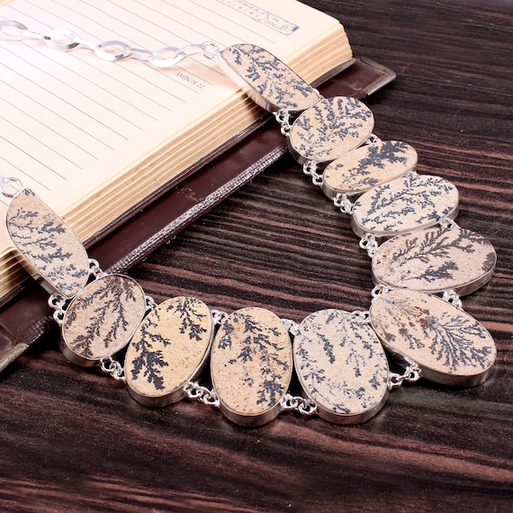 Psilomelane Dendrite Agate Necklace: 925 Silver Plated Bib Choker