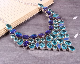 Faceted Blue Topaz Blue Opal 925 Silver Plated Necklace, Designer Jewelry, Bib Necklace, Wedding Jewelry