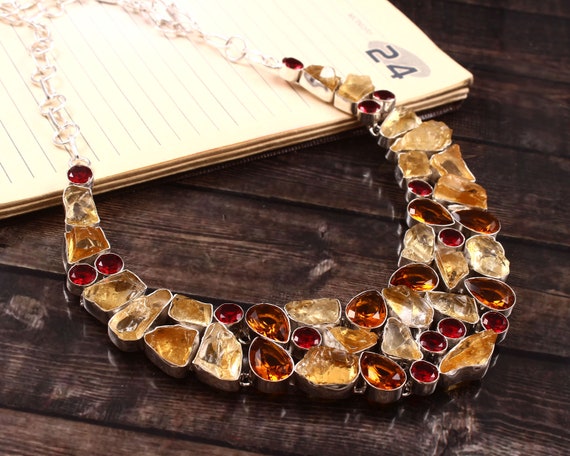 Raw Citrine Garnet Necklace: 925 Silver Plated Wedding Jewelry