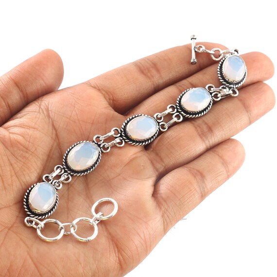 Bracelet En Argent Sterling 925 Avec Pierre De Lune Arc-en-ciel & Opale De Feu - Fait Main - Réglable