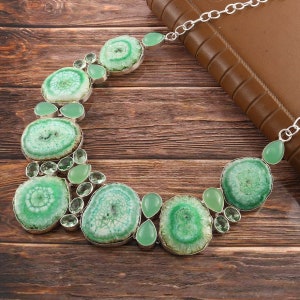 Green Solar Druzy Green Topaz Aqua 925 Silver plated Necklace, Unique Designer Jewelry