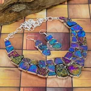 Blue Purple Titanium Druzy Agate Necklace Bracelet Earrings Designer Jewelry, Wedding Jewelry