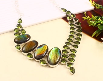 Flashy Fire Labradorite topaze verte pierre précieuse plaqué argent 925 beau collier bijoux