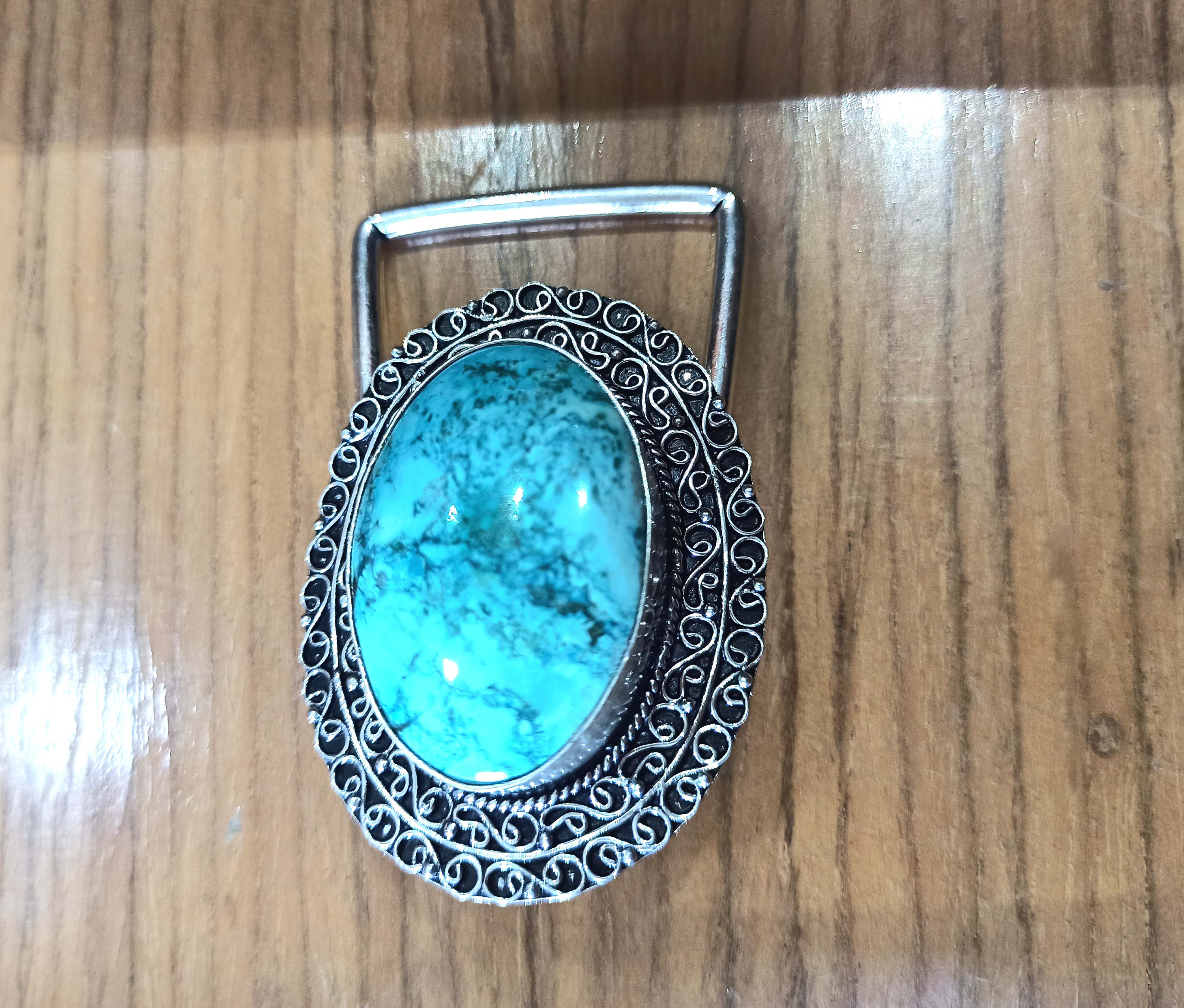 Handcrafted Turquoise Gemstone Belt Buckle: Vintage Filigree  display picture 2