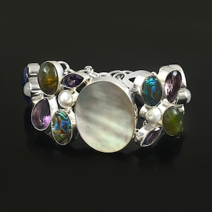 Perlmutt-Abalone-Labradorit-Lapis-925er-Silber-Armband, Perlmuttarmband, Edelsteinarmband