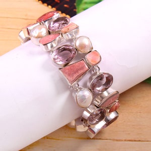 Natural Pink Rhodochrosite Pearl 925 Sterling Silver Plated Bracelet Jewelry