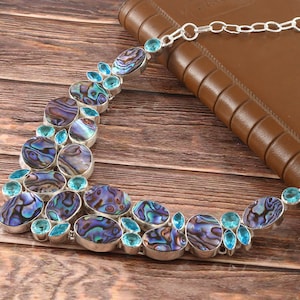 Abalone Shell Blå Topas Ädelsten 925 Silverpläterad Halsband Smycken, Unika Designersmycken