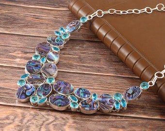 Abalone Shell  Blue Topaz Gemstone 925 Silver plated Necklace Jewelry, Unique Designer Jewelry