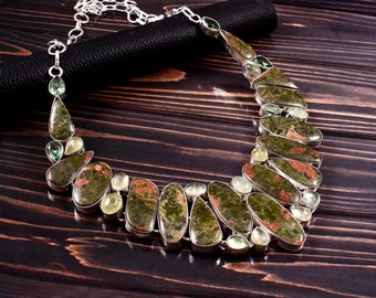 Unakite Prehnite Silver plated Necklace, Beautiful Jewelry