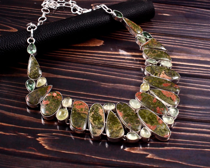 Unakite Prehnite Silver plated Necklace, Beautiful Jewelry image 1