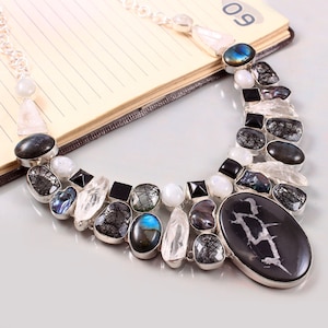 Septarian Labradorite Gemstone Necklace: Handmade 925 Silver Plated Jewelry