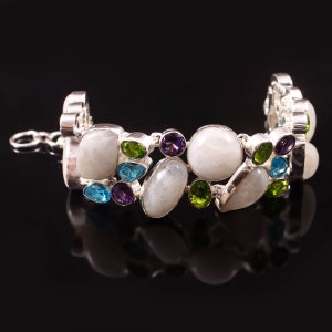 White Rainbow Moonstone Peridot Amethyst Blue Topaz 925 Silver plated Bracelet, Unique Designer Jewelry