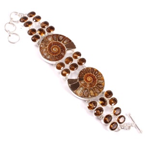 Genuine Ammonite Fossil Brown Smokey Topaz Gemstone Silver Plated Bracciale, Bracciale Ammonite, Bracciale Fossile, Gioielli Ammonite !!