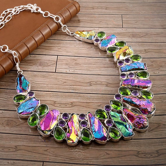 Raw Titanium Druzy Amethyst Peridot 925 Silver Plated Necklace Unique Designer Jewelry Etsy Canada
