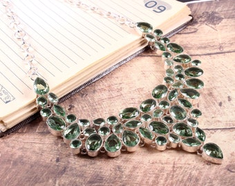 Faceted Green Amethyst Gemstone 925 silver Plated Necklace, Wedding Necklace, Party wear necklace