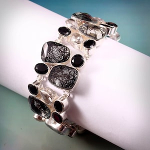 Rutile Crystal Black Onyx White Topaz 925 Silver plated Bracelet, Beautiful Fashion Jewelry