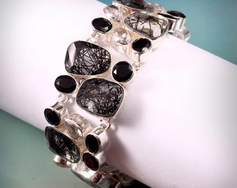 Rutile Crystal, Onyx & Topaz, Silver Plated Bracelet, Handmade Jewelry