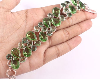 Peridot Quartz Green Amethyst Silver plated Bracelet, Designer Jewelry