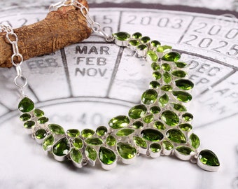 Faceted Green  quartz 925 Silver Plated Necklace, Peridot necklace, Gemstone Necklace, Wedding Necklace, Party Wear Jewelry, Bib