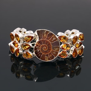 Ammonite Fossil Citrine Bracelet, Silver Plated Jewelry, Handcrafted Designer Jewelry