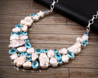 Natural Unusual Shape Biwa Pearl Blue Topaz 925 Silver Necklace Jewelry