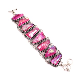 Pink Titanium Druzy Carved Designer 925 Silver Plated Bracelet Jewelry, Unique Handcrafted Jewelry