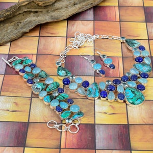 Handgefertigtes 925 Silber Edelstein Schmuckset: Chrysokoll, Malachit, Lapis Lazuli