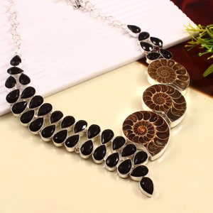 Ammonite Fossil & Black Onyx 925 Silver Necklace