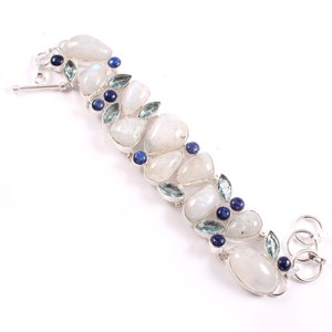 Natural White Moonstone Lapis Blue topaz Gemstone 925 Silver Plated Bracelet.